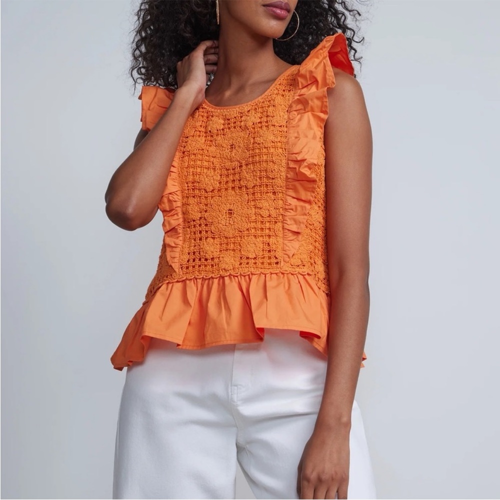 New York & Company Bright Orange Crochet Peplum Ruffle Sleeve Blouse Top